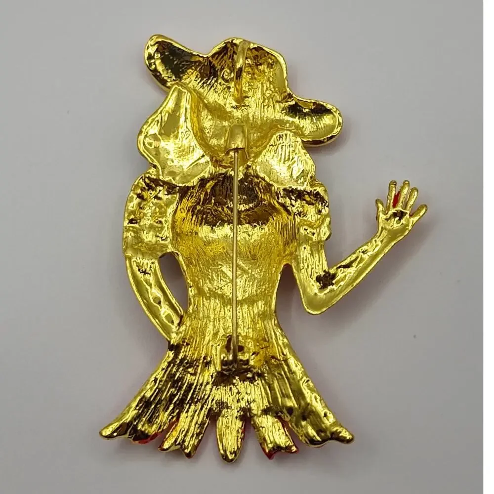 Fancy Dressed Red Hat Figural Women Brooch Enamel & Rhinestones Bright Colors